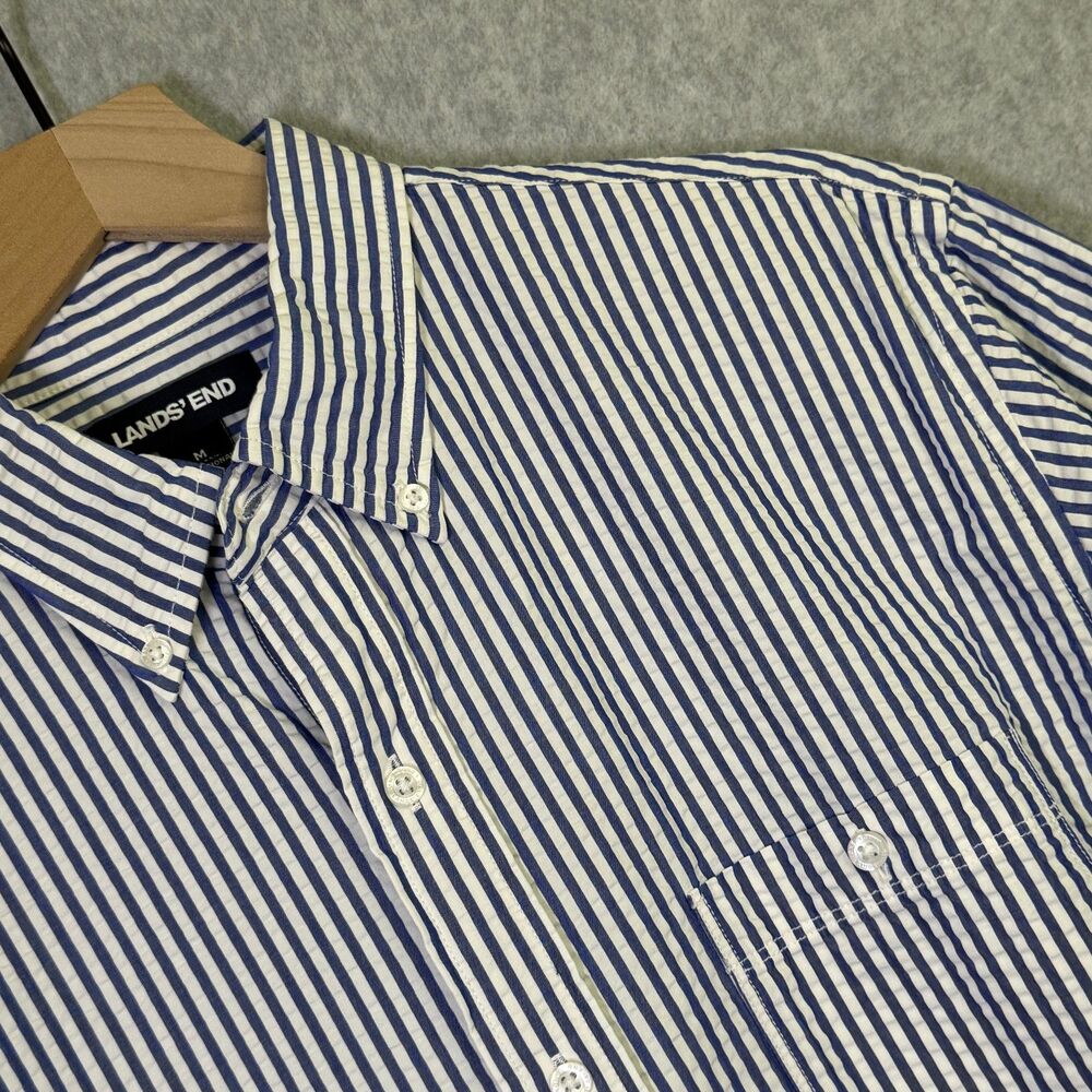 Lands End Shirt Mens M Blue White Stripe Button Up Short Sleeve Cotton